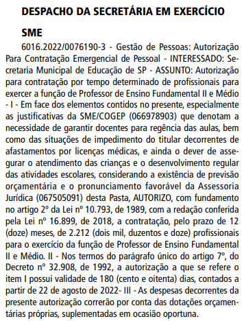 SME - SP ABRE inscrições para contratação de Professor de Educação