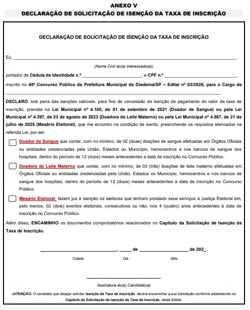 Declaração de Solicitação de Isenção - Anexo V