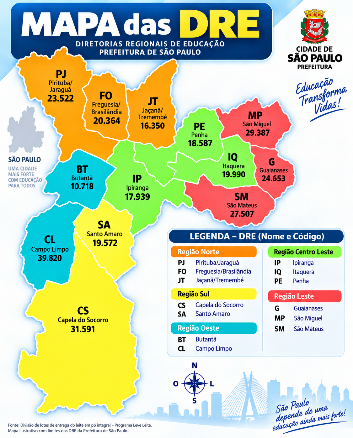 Mapa das 13 Diretorias Regionais de Educação da Prefeitura de São Paulo